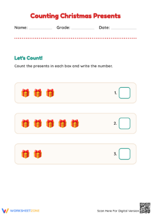 Printable Counting Christmas Presents Worksheet | Grade K
