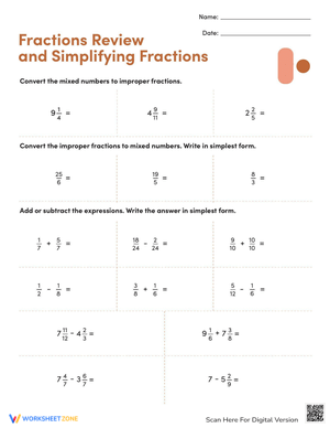 Simplify Fractions and Review Worksheet