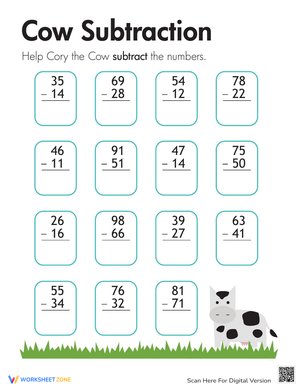 Subtraction with Cows Worksheet