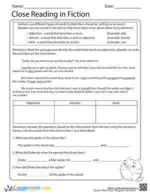 Close Reading in Fiction Worksheet