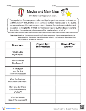 Movies and Main Ideas Worksheet