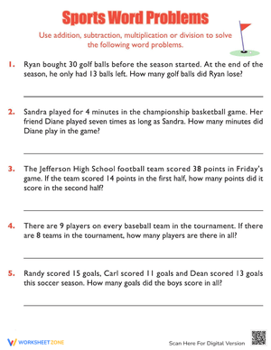 Sports Word Problems Worksheet