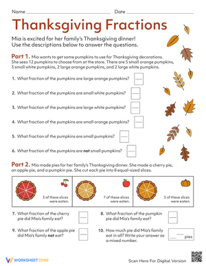 Thanksgiving Fractions Worksheet for Math Practice