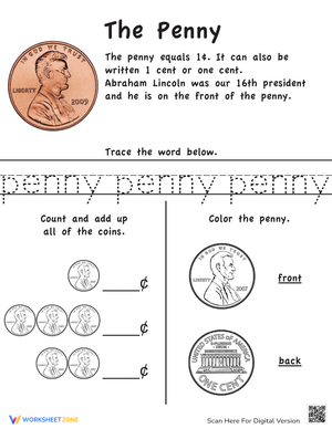 Learn Coins Penny Worksheet for Money Recognition