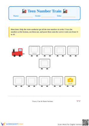 Teen Number Train Worksheet | Grade K-1 Printable