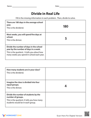 Divide in Real Life Worksheet for Math Practice