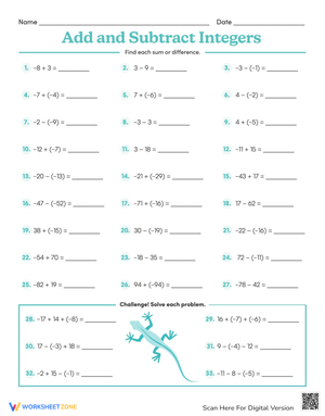 Add and Subtract Integers Worksheet for Math Practice