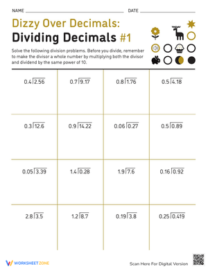 Dividing Decimals Worksheet for Decimal Division