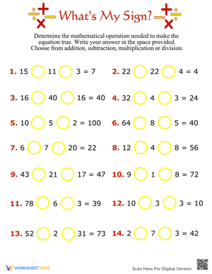 Missing Operations Worksheet for Math Practice