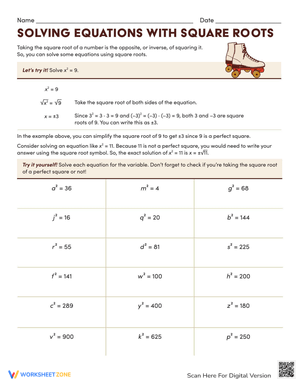 Solving Equations Worksheet with Square Roots