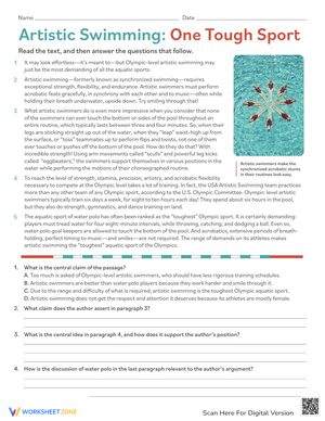 Artistic Swimming Reading Comprehension Worksheet