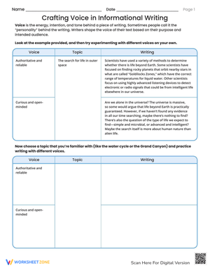 Crafting Voice in Informational Writing Worksheet