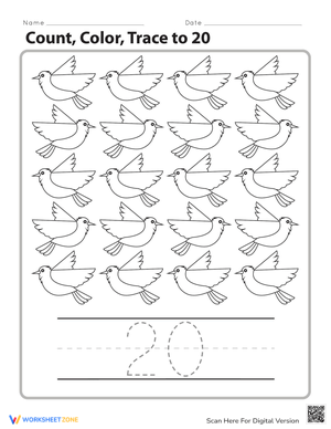 Count Color Trace to 20 Worksheet for Early Skills