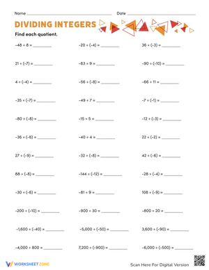 Dividing Integers Worksheet for Math Practice