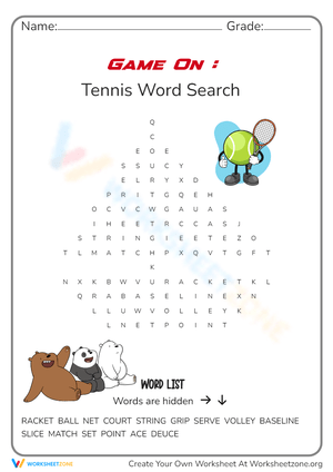 Tennis Word Search Worksheet