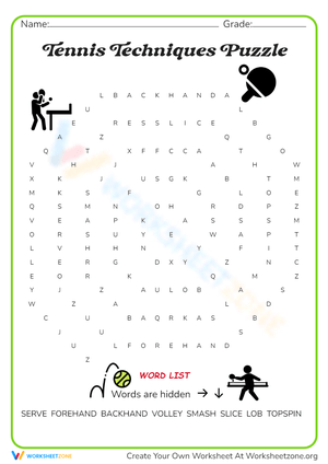 Tennis Techniques Puzzle Worksheet