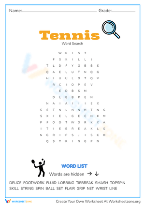 Tennis Word Search Puzzle - Sports Vocabulary Worksheet