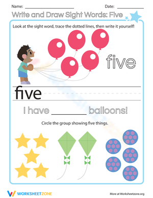 Write and Draw Sight Words Five Worksheet