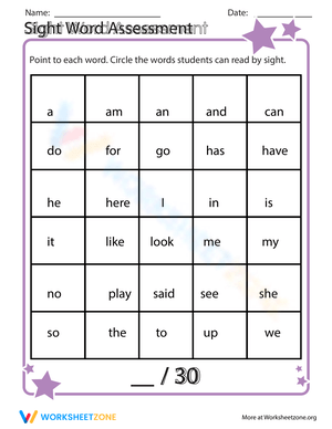 Sight Word Assessment Worksheet