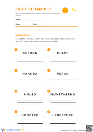 Printable Fruit Word Scramble Worksheet | Grade 3 English