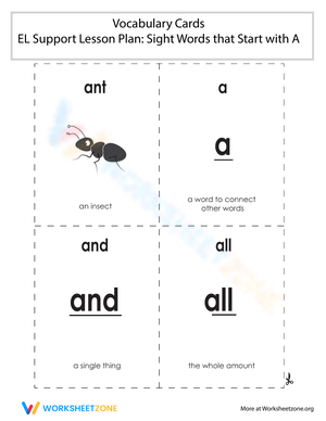 Vocabulary Cards: Sight Words that Start with A
