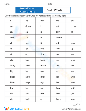 End of Year Assessment: Sight Words Mastery