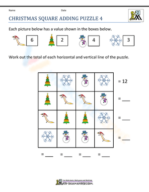 Festive Christmas Square Adding Puzzle Worksheet