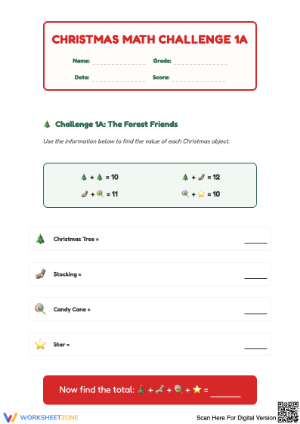Fun Christmas Math Challenge 1A Worksheet