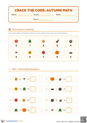 Essential Autumn Math: Crack the Code Worksheet — Grades 1-3