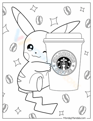 Pikachu Hugging Starbucks Cup: A Fun Coloring Page