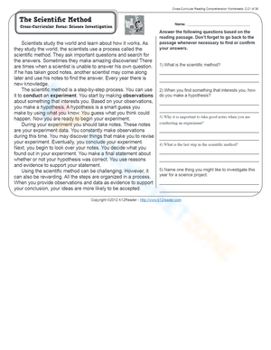 Reading Comprehension: Scientific Method Worksheet
