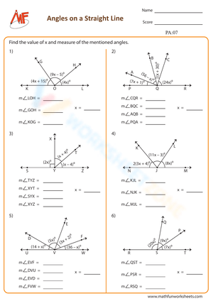 Printable Grade 7 Angles on a Straight Line Worksheet
