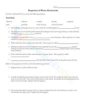 Properties of Water Home Work