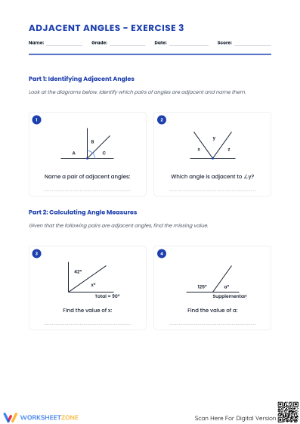 Printable Adjacent Angles Worksheet | Grade 7 Aligned