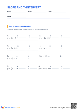 Printable Slope and Y-Intercept Worksheet | Grade 8 Math