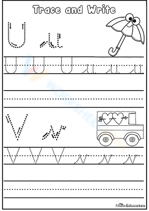 Tracing Alphabet Letters U and V Worksheet