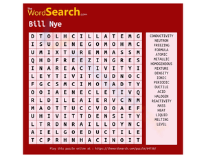 Bill Nye Science Word Search - Grades 6-9 Chemistry Fun