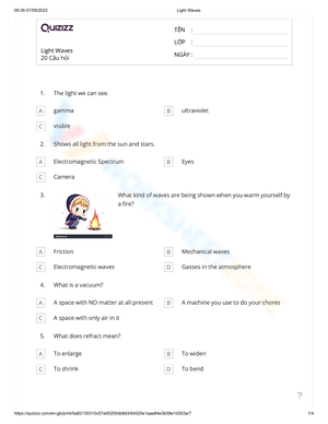 Light Waves Worksheet for Grade 7