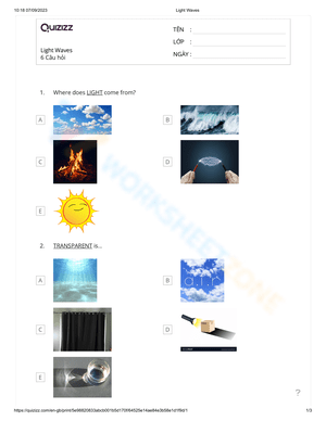Light Waves Worksheet for Grade 1