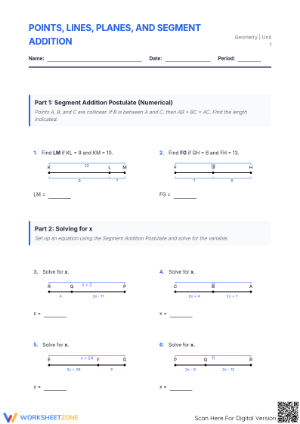 Printable Segment Addition Postulate & Geometry Worksheet