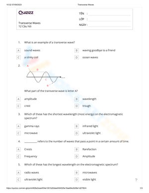 Transverse Waves Exercises Worksheet
