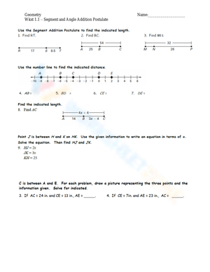 Segment and Angle Addition Postulate Problems 
