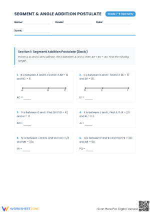 Essential Segment & Angle Addition Postulate Worksheet