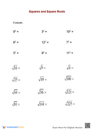 Math Worksheet: Learn Squares and Square Roots
