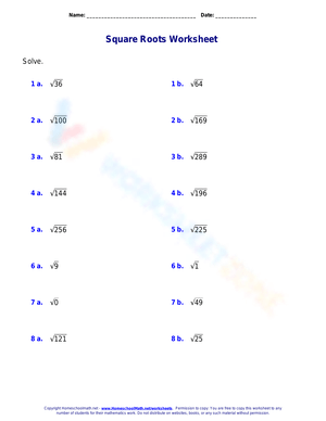 Square Roots and Perfect Squares Worksheet