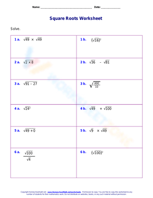 Square Roots and Operations Worksheet
