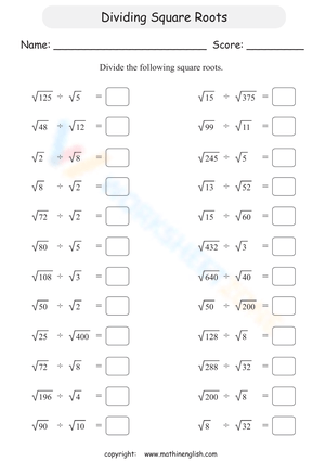 Dividing Square Roots Worksheet
