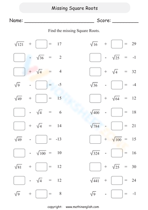 Missing Square Roots Worksheet