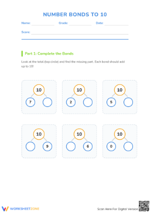 Grade 1 Number Bonds to 10 — Printable No-Prep Worksheet