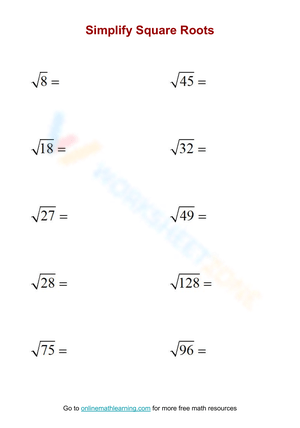 Simplify Square Roots Worksheet
